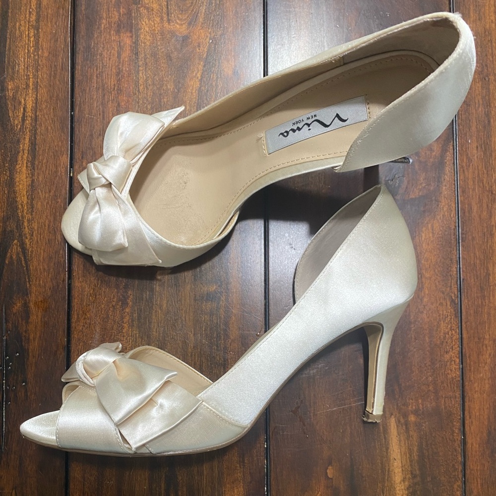 BHLDN Nina Cream Satin Peep-Toe Heels with Bow